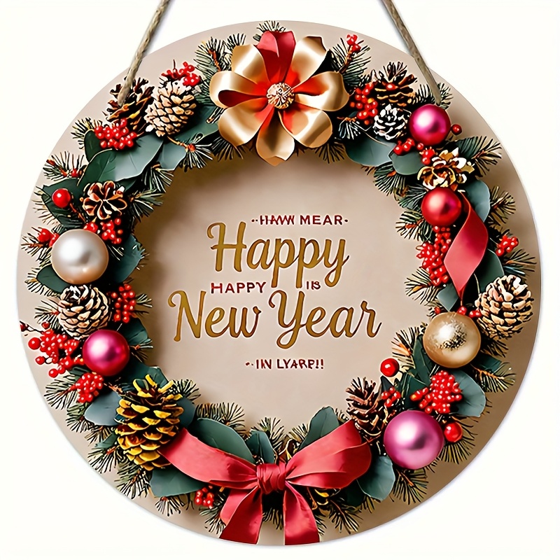 TEMU 2d Flat, 1pc Elegant Golden & Red Wreath New Year' Hanging - Happy New Year
