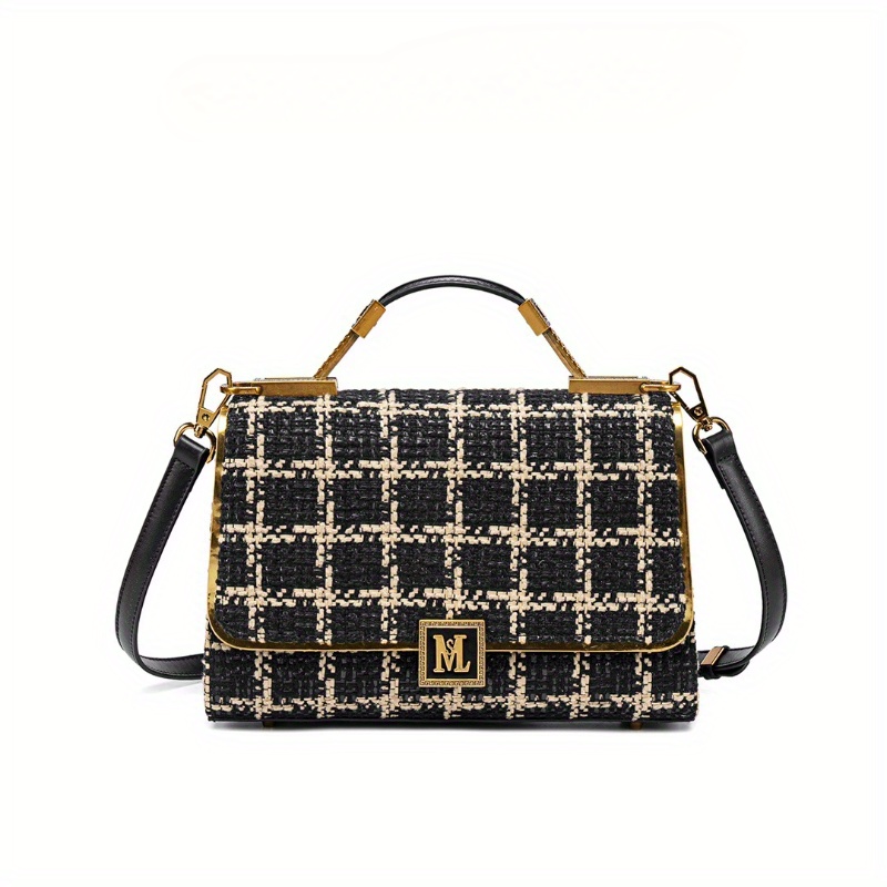 Houndstooth Split Leather Top Handle Shoulder Bag