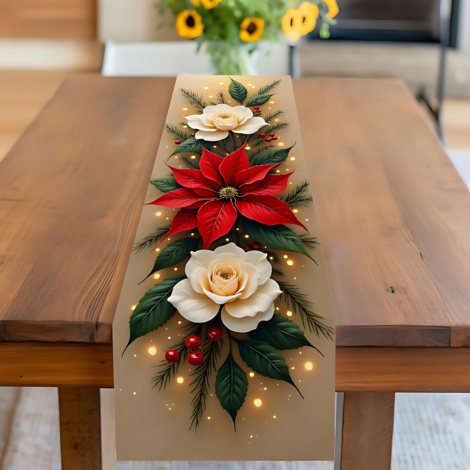 1pc Elegant White Table Runner 2d Flat Print Festive Decor Red Poinsettia Green Foliage Durable Fabric Christmas Thanksgiving