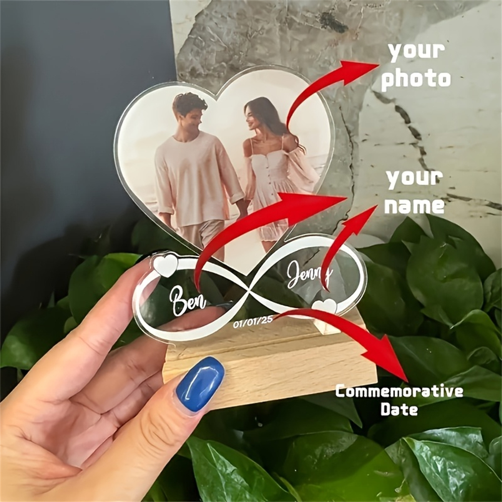 Image of [2d Flat] Personalized Acrylic Heart Photo Frame With Wooden Base - Custom Desktop Decor For Couples, Pets, And Landmarks - Ideal Gift For Valentine's Day, New Year, Easter, And Back To School