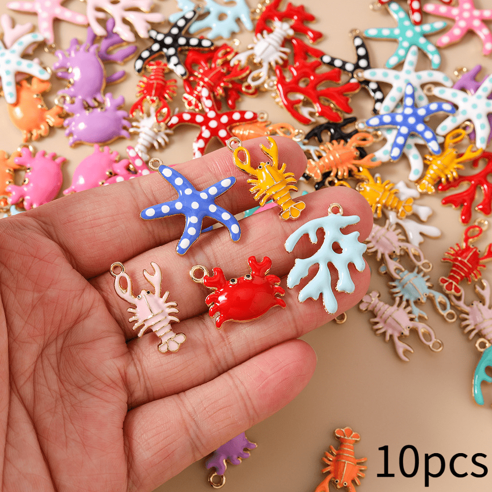 TEMU 10pcs Ocean Theme Colorful Enamel Sea Life Pendant, Starfish Crab Lobster Animal Charms For Jewelry Making, Earrings Necklace Craft Supplies