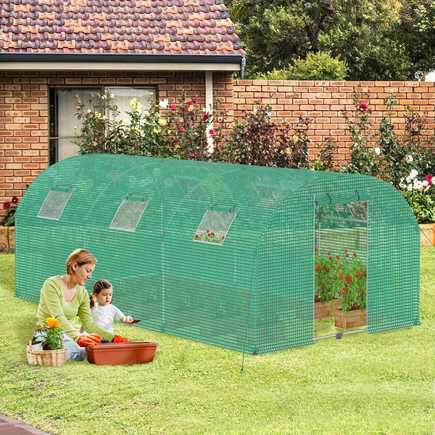 greenhouse for the garden   with windows uv resistant with galvanized   and mosquito net green 4