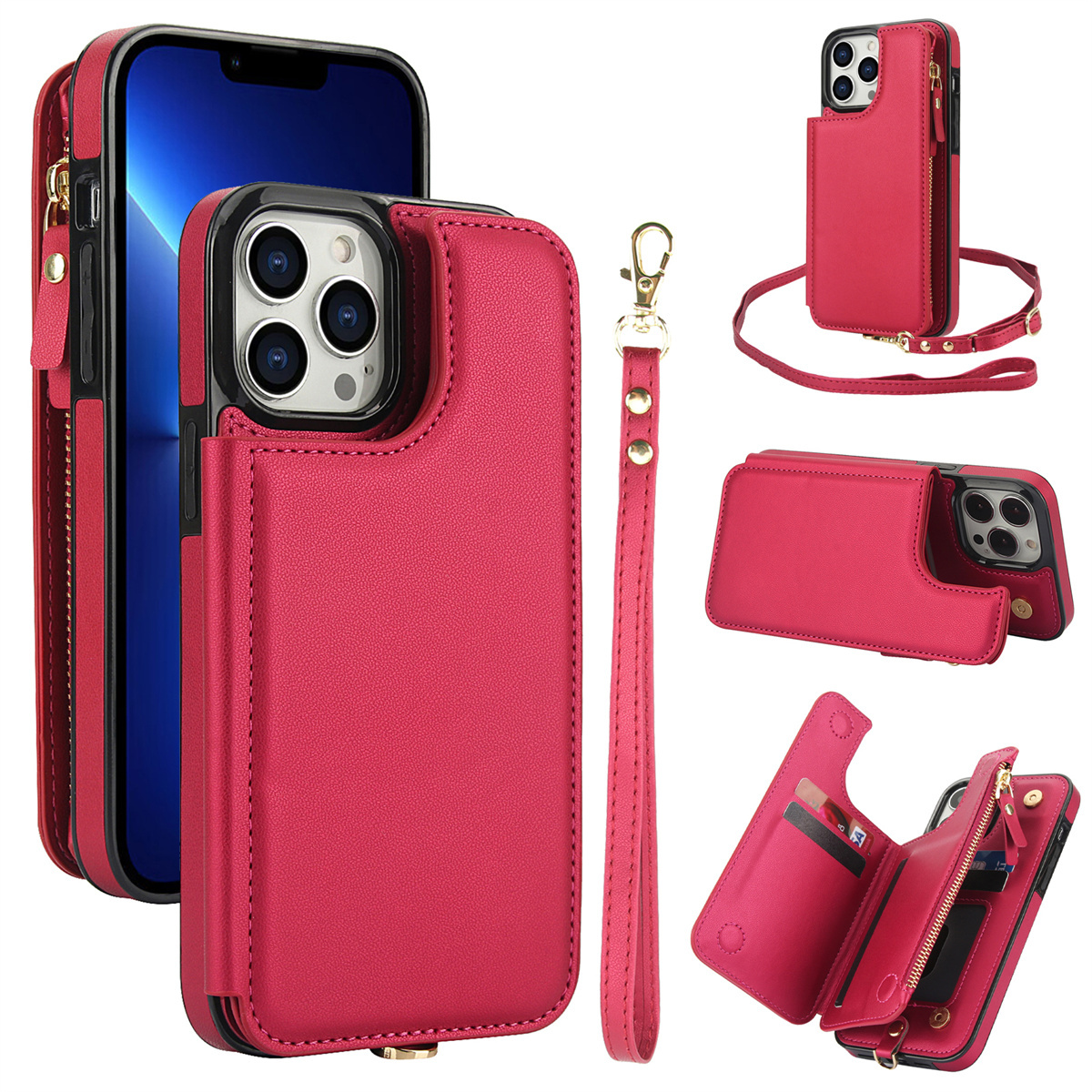 Wallet Case for iPhone 16/ 15/ 14/ 13/ 12/ 11 Pro Max 16 Plus/ 15 Plus/ 14 Plus/ 13 Mini/ 12 Mini/ 7/ 8/ SE 2020/ SE 2022 with Card Slot Holder, Magnetic Flip Folio Purse Case, Zipper Handbag with Detachable Lanyard Strap