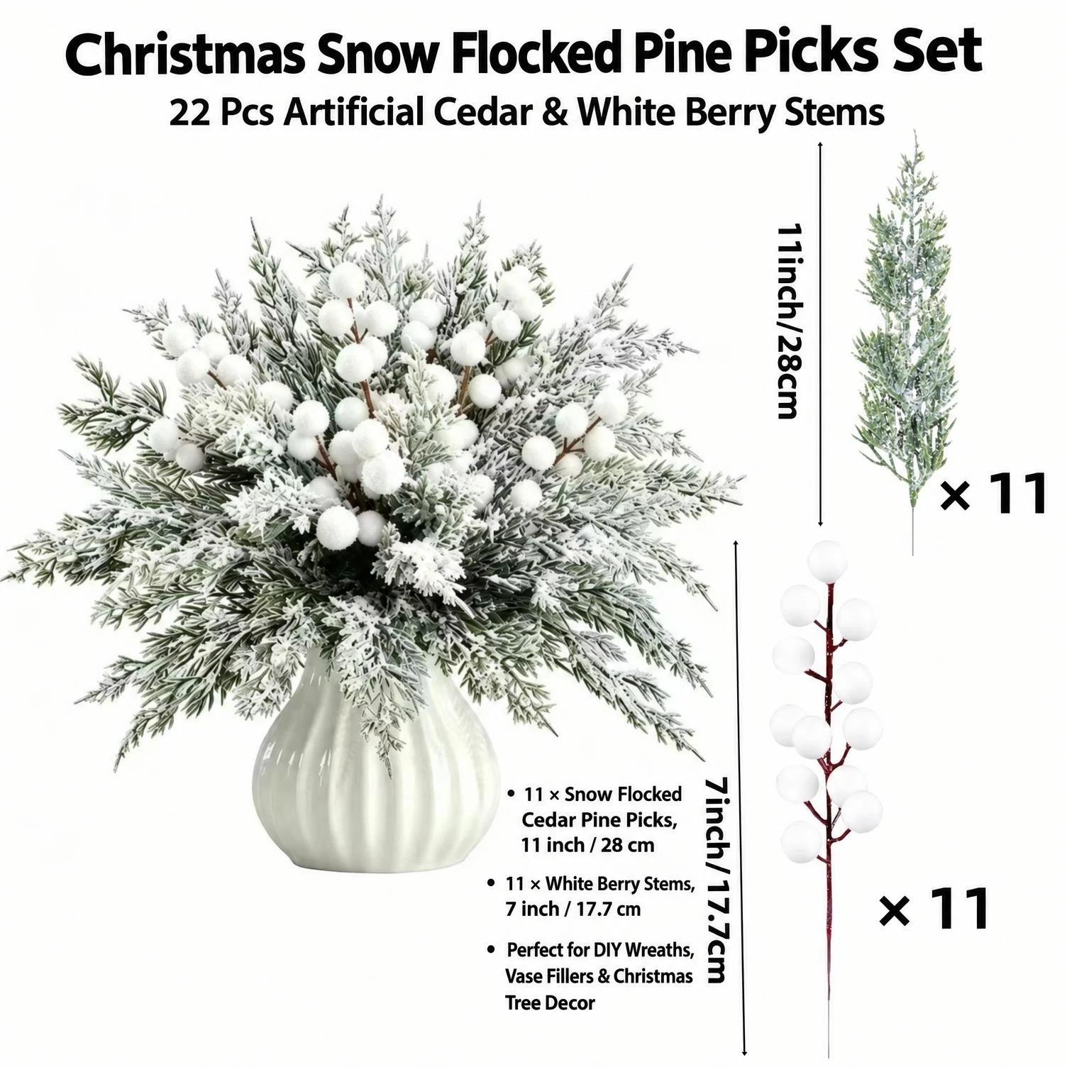 Image of 22pcs Christmas Decorations Pine Branches And White With - Indoor Outdoor Christmas Decor, Vase Filling, Holiday, Party Gathering, Outdoor Garden, Winter New Year Christmas Decoration