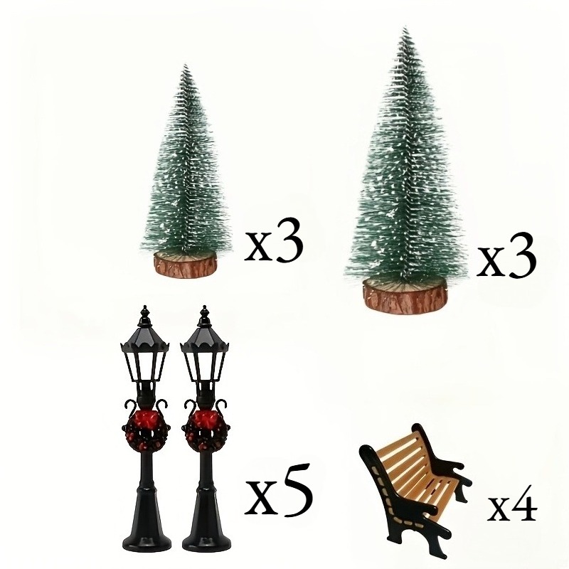 TEMU 15pcs Christmas Mini Countryside Decoration, Holiday Cabin Decoration, Mini Christmas Tree, And Bench Statue Set, 3d Model Of Winter Desktop,