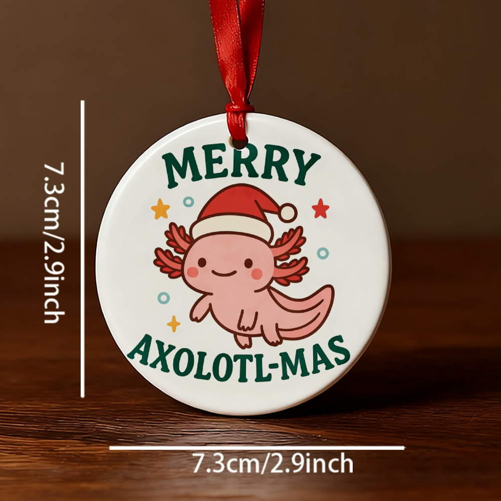 TEMU 1pc Christmas Round Ceramics Sign With Sayings Merry Axolotl-mas Design String Added Pendant Hanging On Tree 2025/2026 Double Side Print Decor