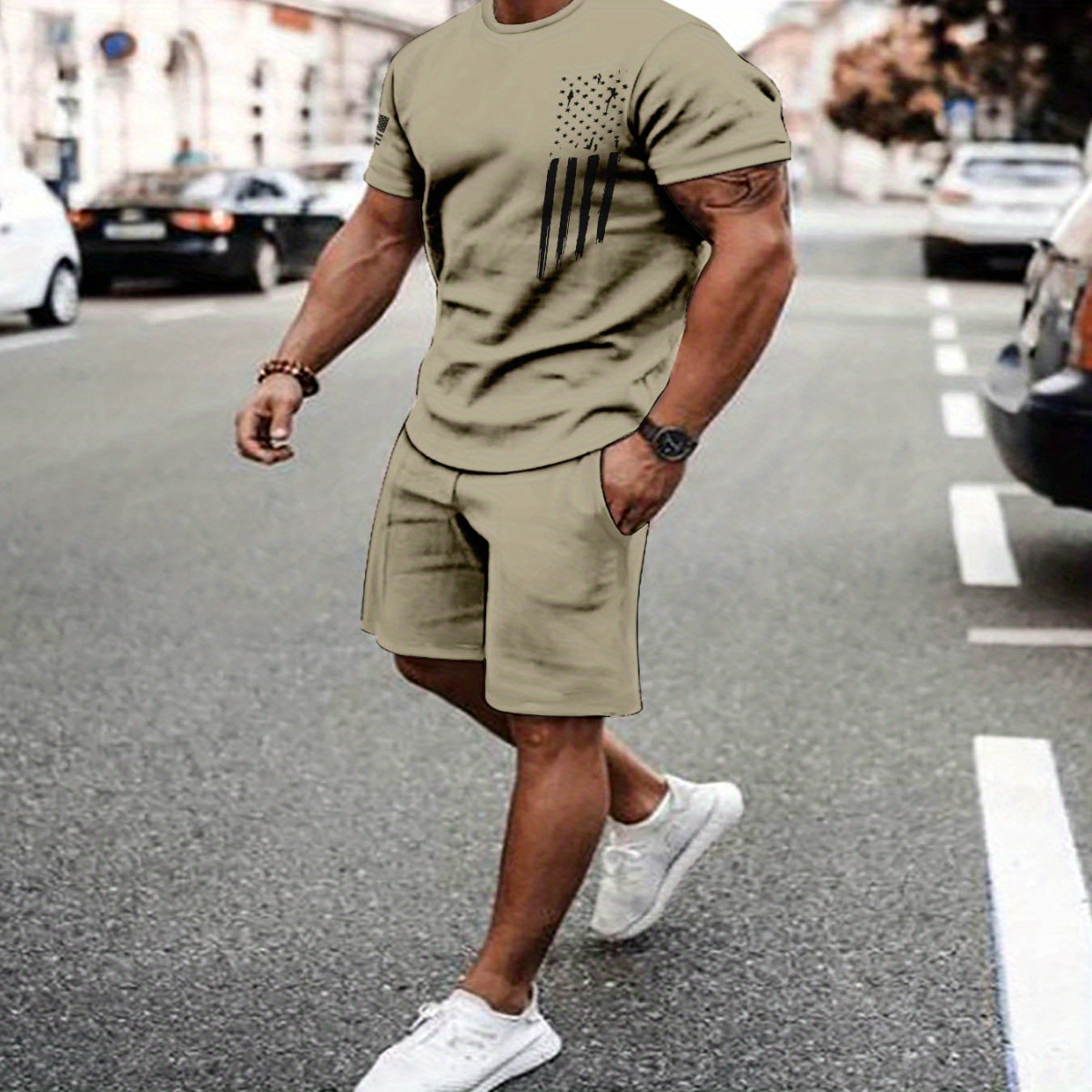 

Men's Summer Casual Sportswear Set - Breathable 3d Printed T-shirt & Shorts Combo, Machine Washable, Outdoor, Five-pocket Pants