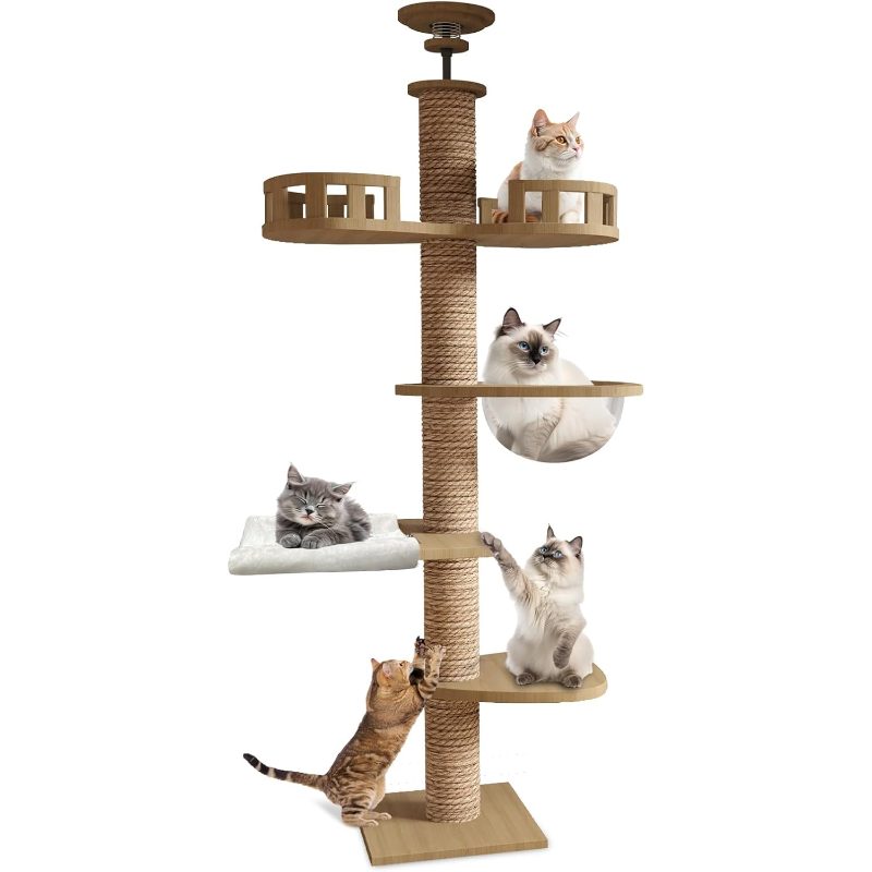 Large Modern Light Oak Cat Tree for Indoor Cats - Multi-Level Cat Condo with Scratching Tower, Hanging Ball & Basket, Thick Durable Panels Suitable for Large Spaces, Multi-Cat, Climbing Furniture for Kittens and Cats