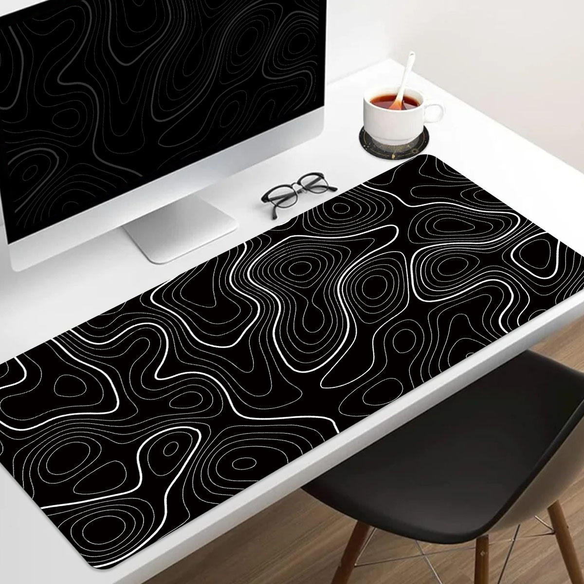 TEMU 1pc Extended Gaming Mouse Pad And Pc Desktop Keyboard Mat - Black And White Circular Line Pattern - Laptop Protective Pad, Study Desk Mat -