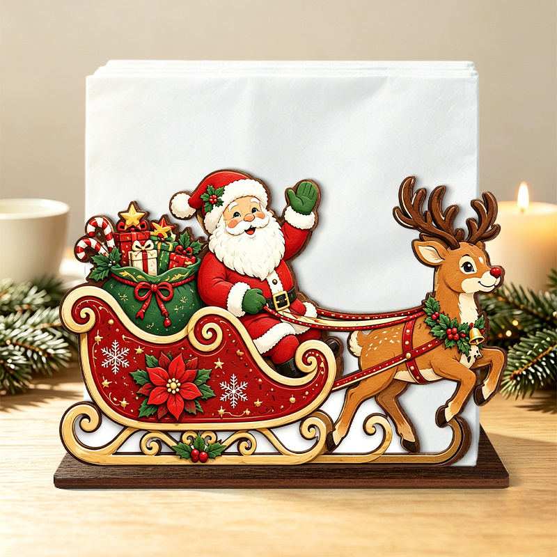 TEMU 2D Platte Kerstman Wagen Houten Servet Houder, Rendier Trekt Wagen met Cadeaus Tafel Tissue Box, Kerst Familie Diner Huisdecoratie Feestelijke