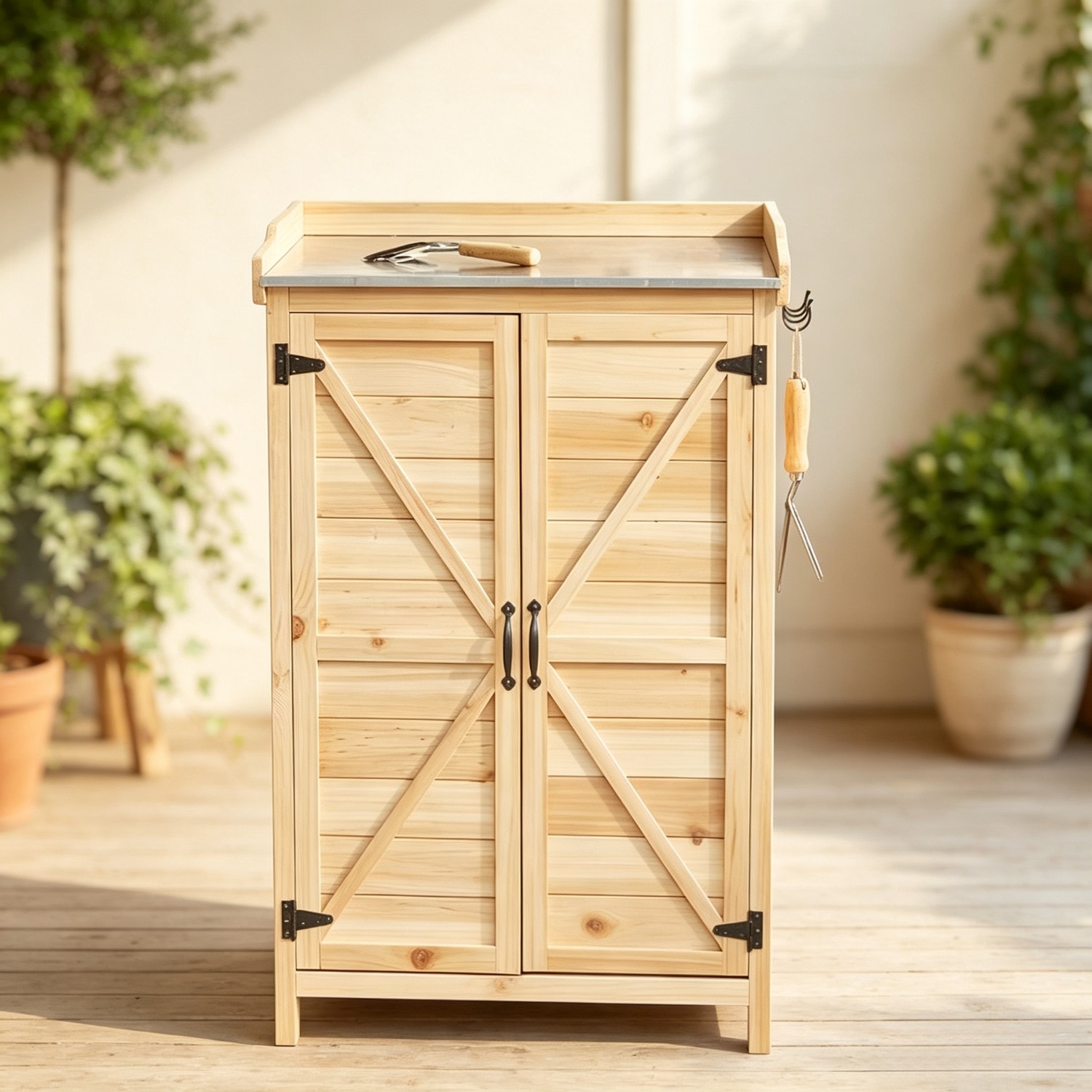 Image of 65 X 45 X 100cm Garden Cabinet Wood, Plant Table With Equipment Cabinet, Double Door, Side Hooks And Removable Shelf, Equipment Room, Garden Shed For , Temporary, Removable