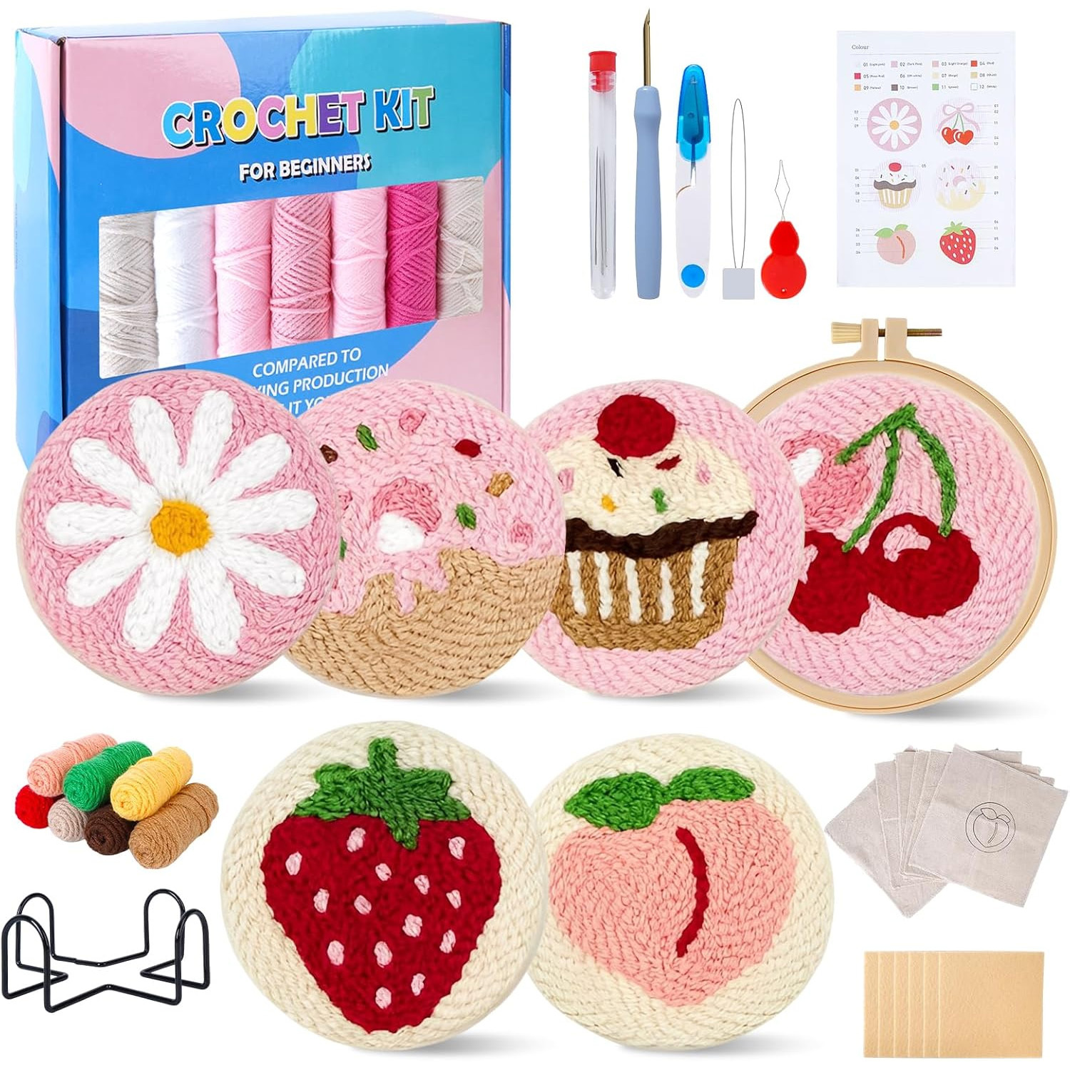 Punch Needle Coaster Kit Strawberry Bow Floral Pattern Coasters Needle Embroidery Kit For Adults Beginner Tufted Pads