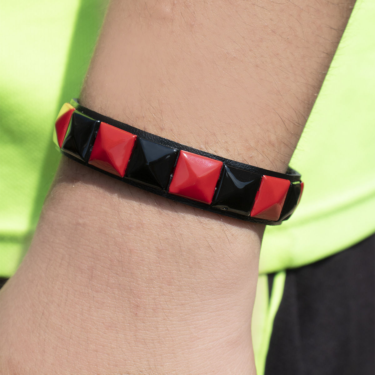 Punk-inspired Red and Black Geometric Studded Bangle Bracelet