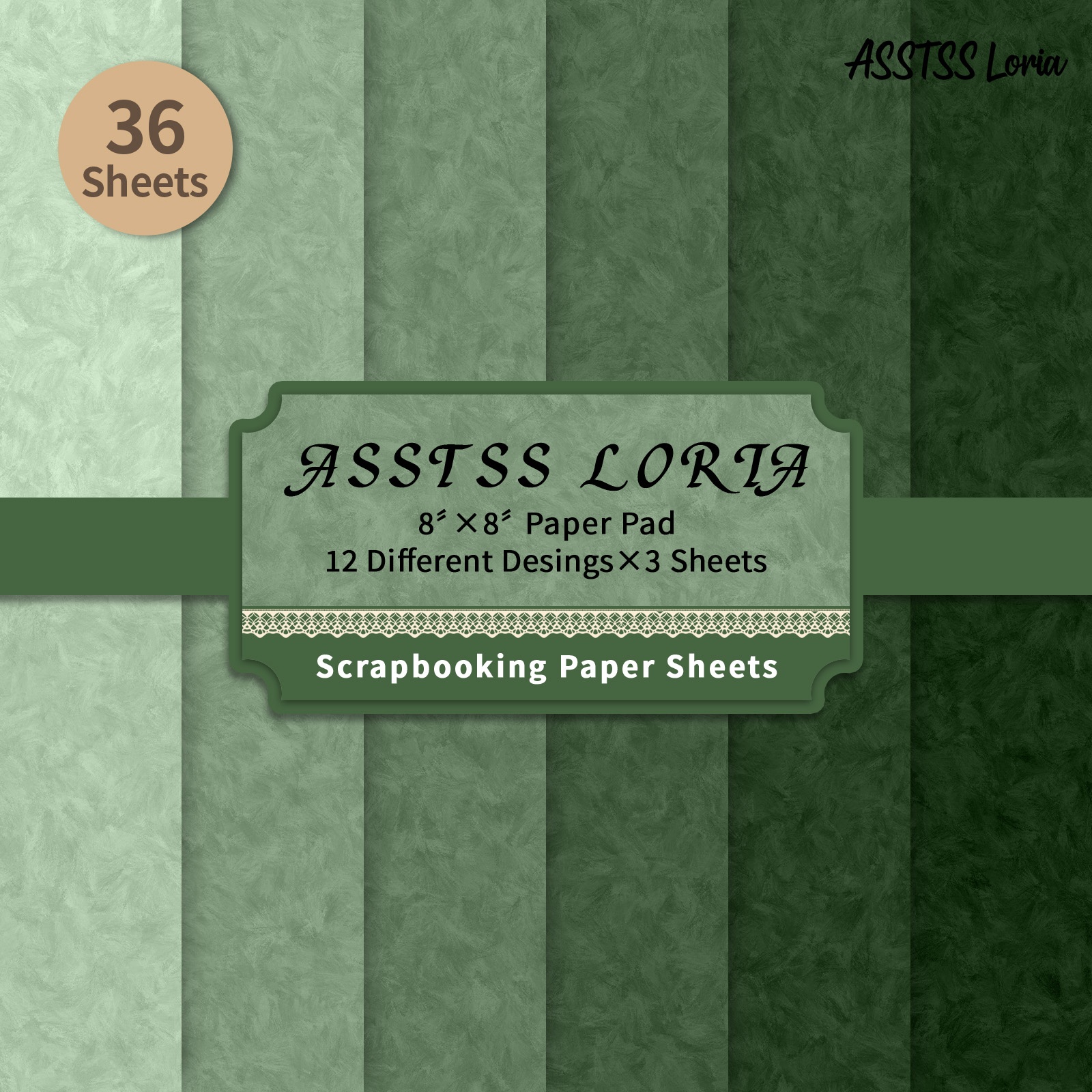 TEMU Lot de 36 feuilles de papier scrapbooking ASSTSS Loria 8X8 pouces, papier de base à texture dégradée vert forêt, papier cartonné épais pour