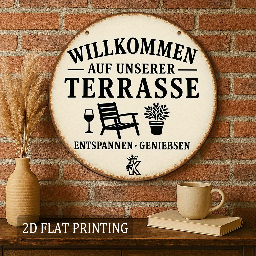 E-shop 1 Stück, 8×8-Zoll Aluminium-Metallschild, Willkommens-Patio-Wanddeko mit deutschem Zitat für Veranda oder Terrasse, Vintage-Blechschild –
