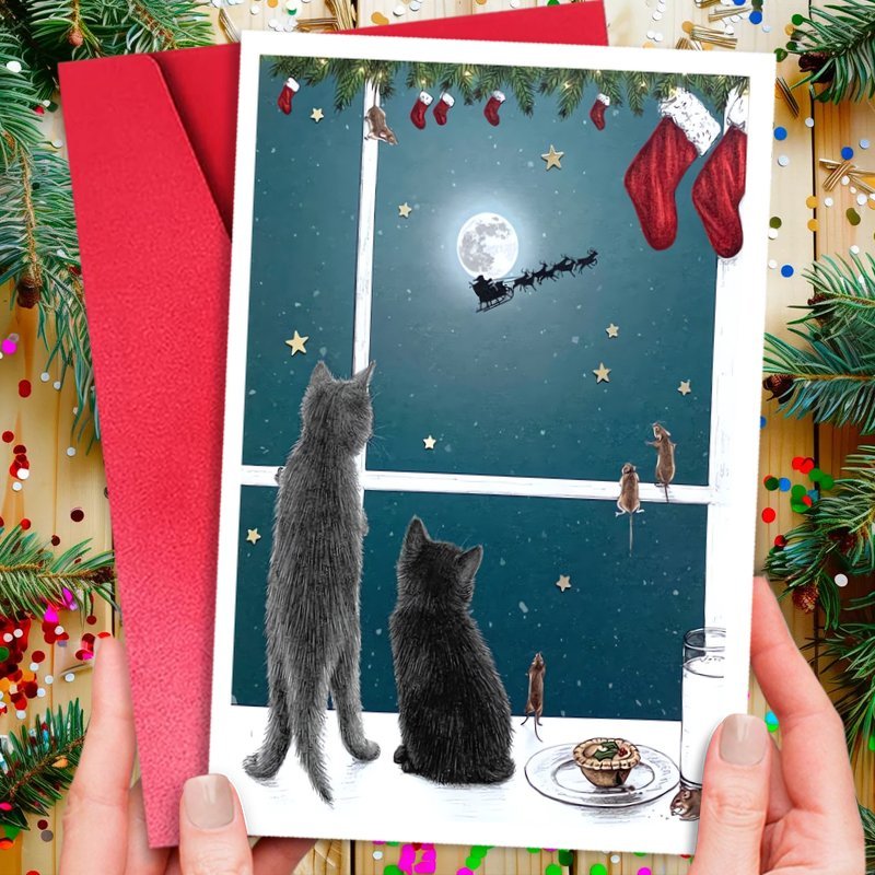 TEMU 1pc Gray Black Cat Christmas Card - High-quality Paper With Envelope, Perfect First Christmas Gift, Ideal For Cat Lovers, Family, , And