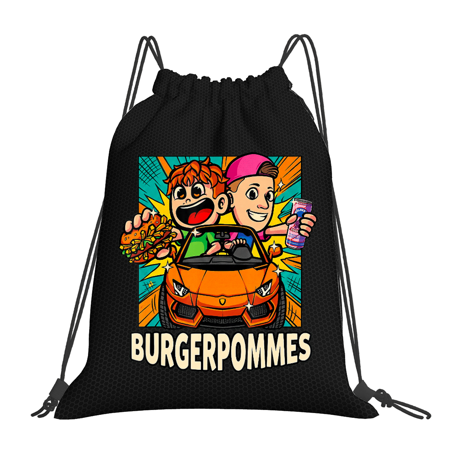 TEMU Mehrzweck-Rucksack mit Kordelzug im Pop-Art-Comic-Stil , Pommes, Sportwagen, Snack, geeignet für , Zuhause, Studium, Reisen Sportaufbewahrung,