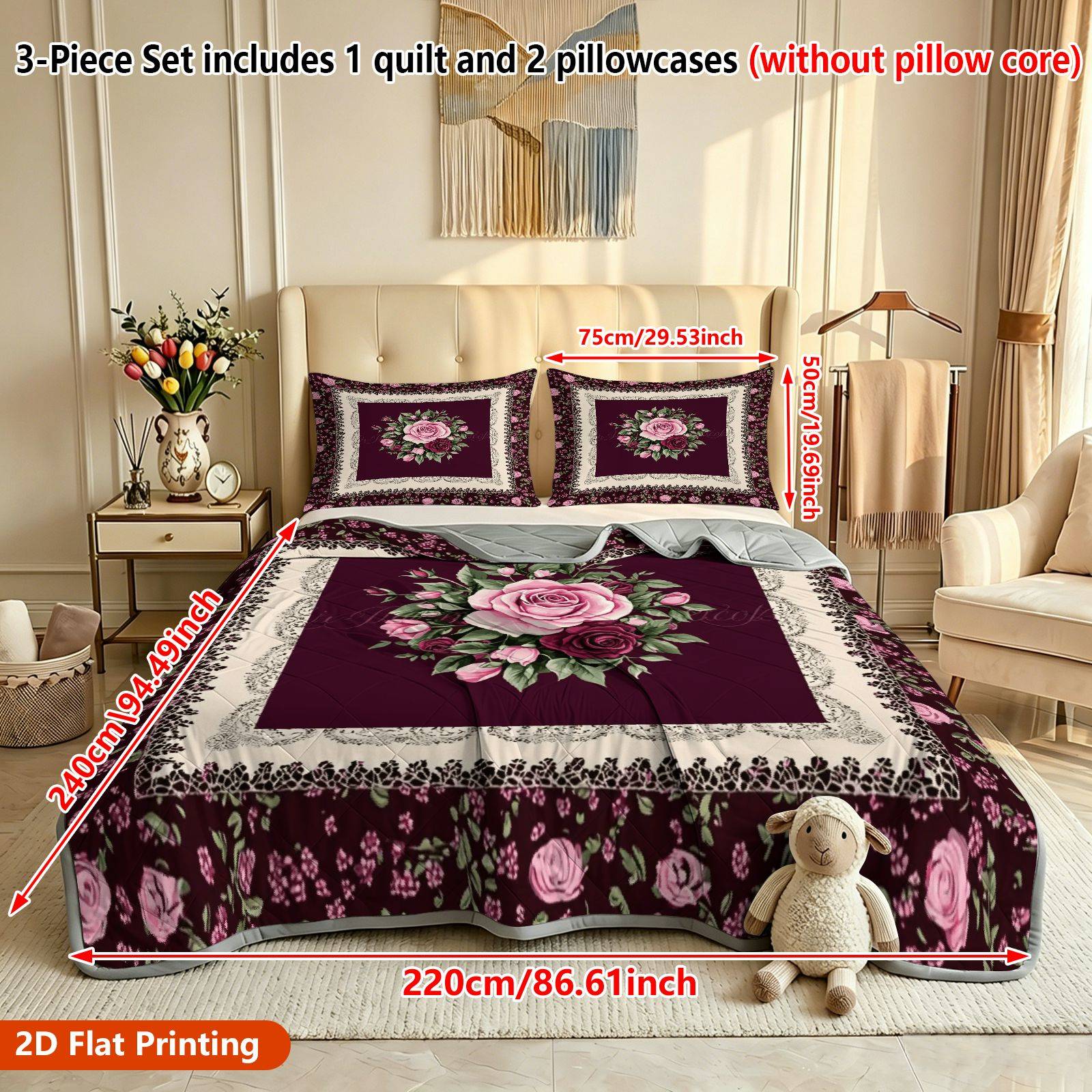 TEMU 3pcs (1 Thin Quilt And 2 Pillowcases) Vintage Elegant Rose Floral Printed Thin Quilt Set, Soft And Breathable, Use, High Quality Durable Fabric,