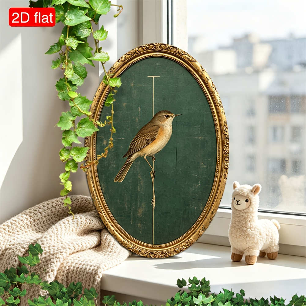 TEMU Peinture plate 2D d'un petit oiseau perché sur un fond vert dans un cadre doré, une décoration murale de style européen. Un excellent cadeau,