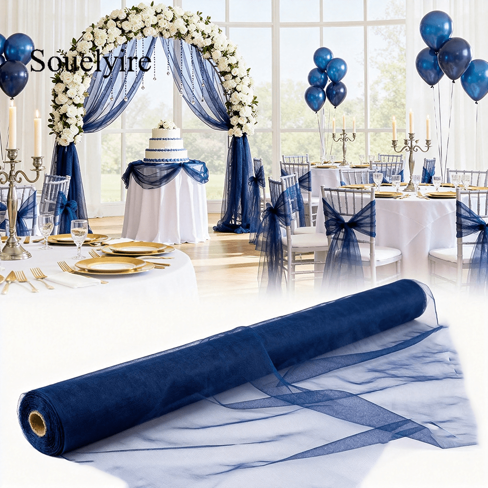 TEMU 1 Roll Flowy Sheer Navy Blue Tulle Roll, 50m Extra Long Gauze Fabric, Wedding Ceiling Drapes, Arch And Chair Decor, Bow For Wedding, Engagement,