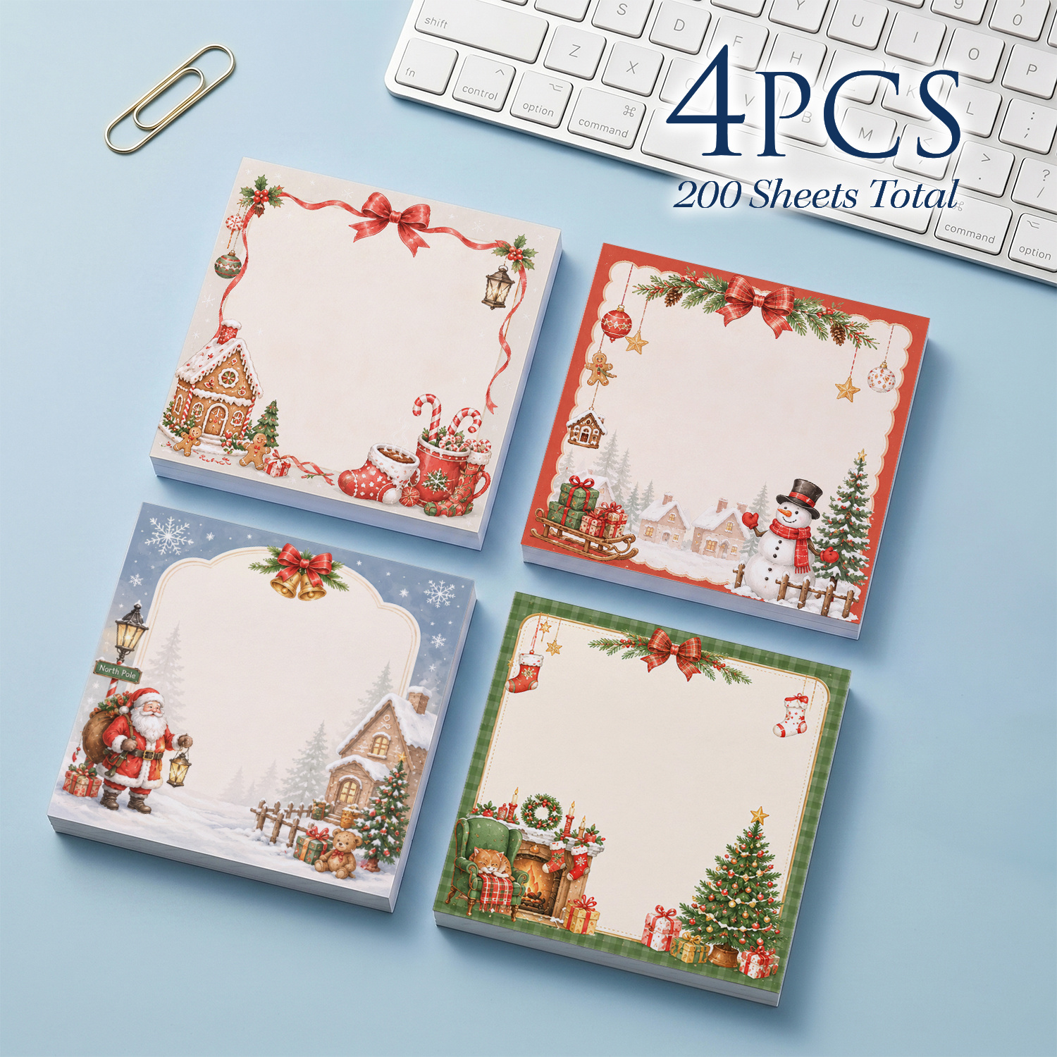 TEMU 4pcs Christmas Sticky Notes Suitable For Notes, Reminders & Journaling - 200 Sheets Total With Festive Bows, Snowman, Santa, Snowy Cottages &