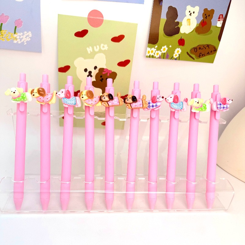 TEMU 10pcs Random Pink Retractable Gel Pens, Cute Cartoon Dachshund Sausage Dog Patch Click Pens, Smooth Writing Kawaii Stationery For Back To ,