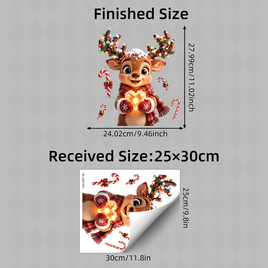 TEMU Christmas Reindeer Window Stickers, Brown Antlers Lights Scarf Candy Cane Heart Light, Double-sided Electrostatic Window Clings, For Living Room