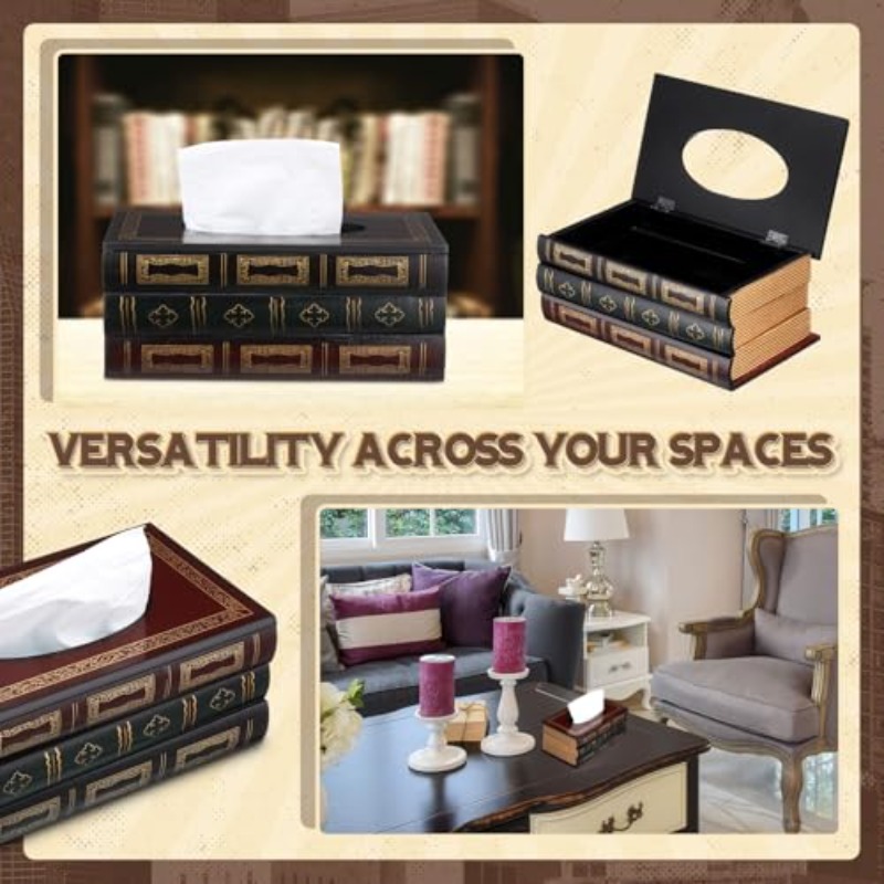 2pcs wooden retro book tissue box cover antique tissue box cover rectangular classical novelty paper holder dispenser medieval home decor for living room   car kitchen, car organizer,  ce decor, classical style, medieval aesthetic,  , durable wood, decorative dispenser, vintage lovers, home stylists Product details 4