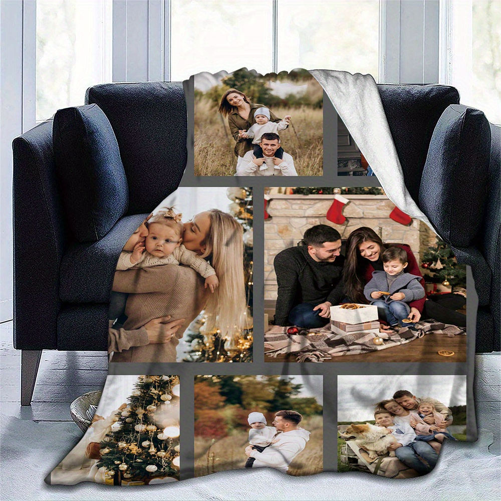 1pc cozy custom photo flannel blanket personalized picture throw for couples family soft warm memory blanket ideal for office bed sofa armchair napping camping travel machine washable     multipurpose polyester knit details 2