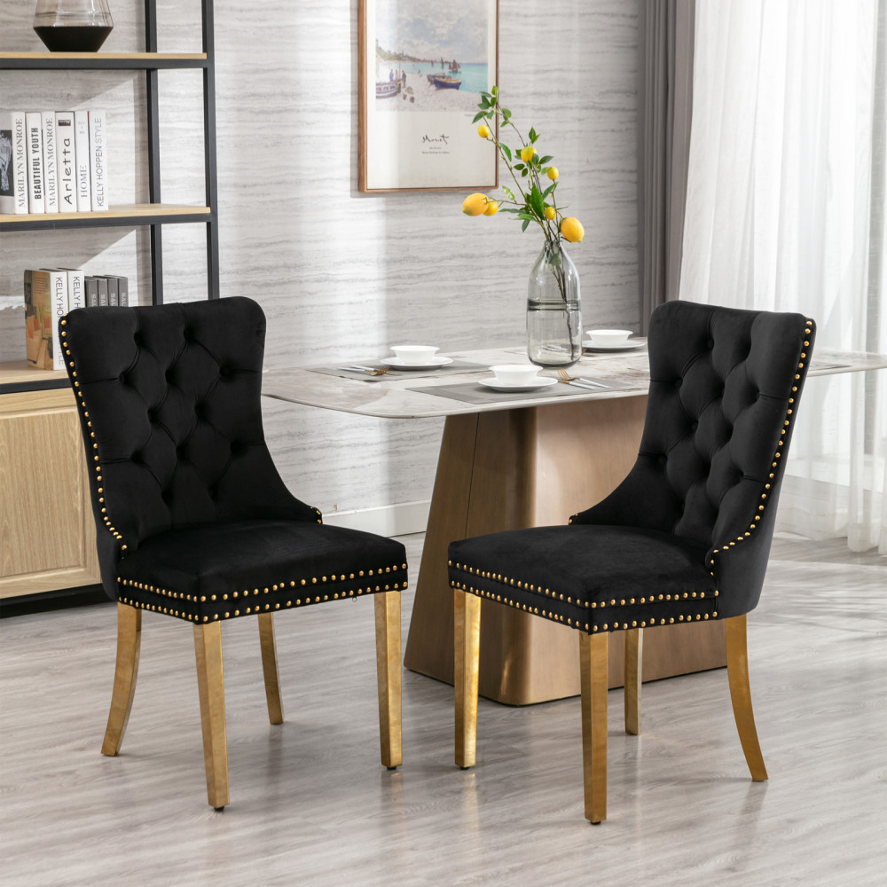 TEMU Ensemble de 2 chaises de salle à manger en velours noir - Rembourrées, cadre en bois , pieds en acier inoxydable doré, garniture à clous,
