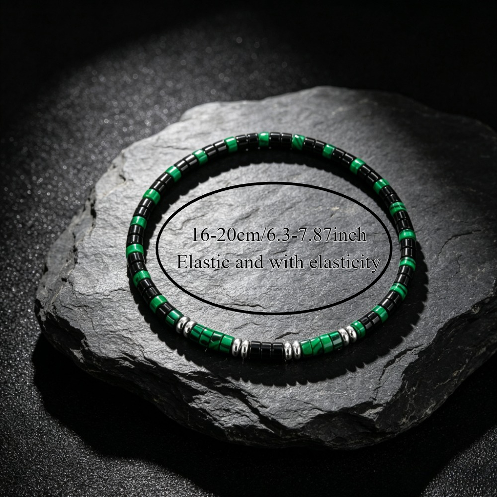 Men's Handmade Natural Malachite & Black Onyx Bracelet, Wealth Attraction