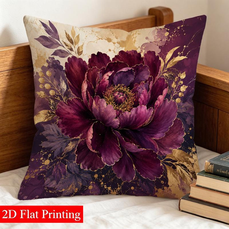 TEMU 1pc 2d Printed Double - Sided Pillowcase, 45x45cm, Purple Peony & Golden Details Pattern, Elegant Luxurious Style, Suitable For Living Room,
