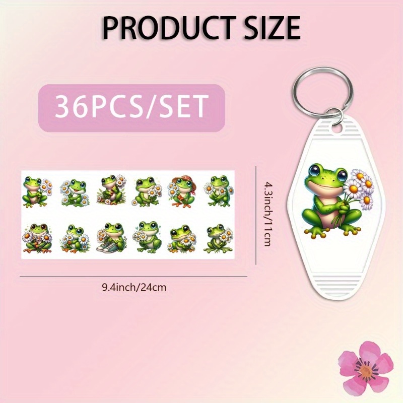 Image of 36pcs/ Set Frog With Daisies Diy Motel Keychain Uv Dtf Transfer Paper For Key Chain Personal Accessories