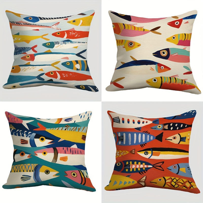 TEMU 4 pièces Housse de Coussin Vintage Multicolore à Motif Poisson, Douce et Confortable avec Fermeture Éclair, pour Salon, Canapé, Lit, Chambre, ,