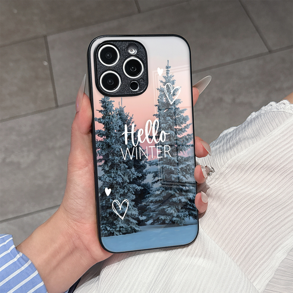 TEMU Phone Case: Merry Christmas Hello Winter Tree Tempered Glass Hard High-end Phone Case For Iphone 16e/16/15/14/13/12/11/8/7 Pro/pro
