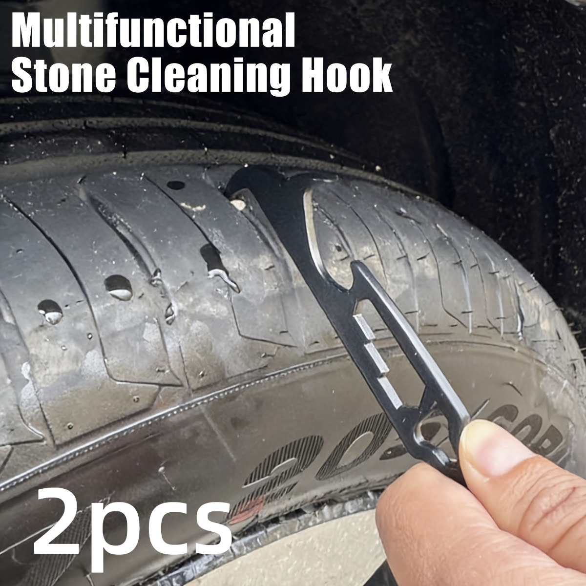 TEMU Crochet de nettoyage de pneus 2 pièces, crochet d'élimination des pierres pour pneus de voiture, clé multifonction 6-en-1, crochet d'élimination