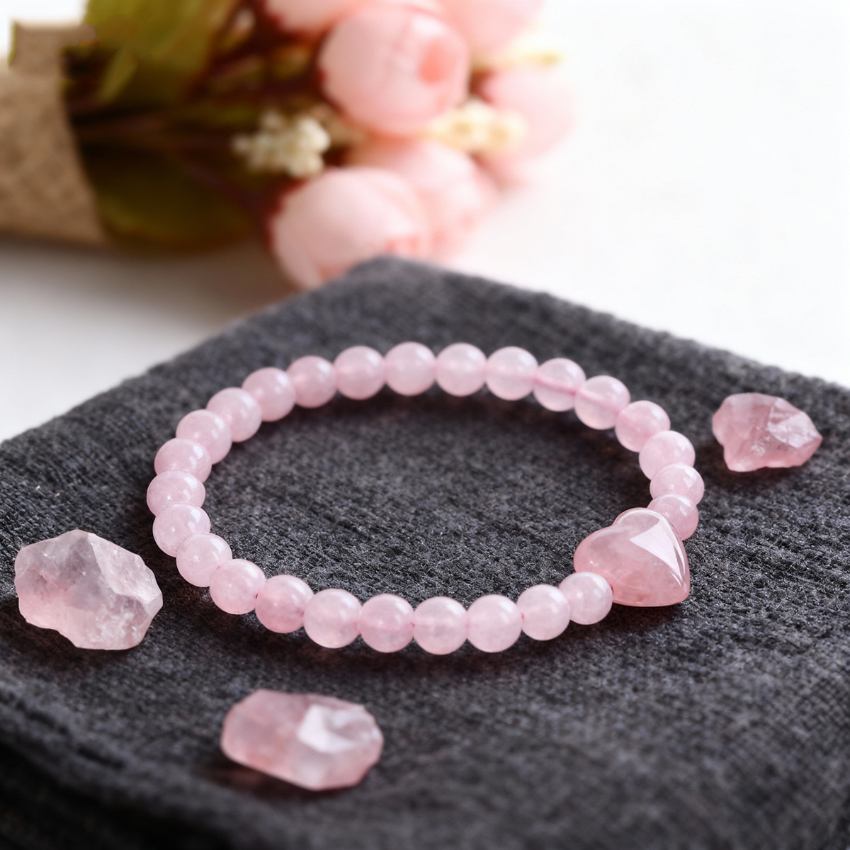 E-shop Damen-Armband aus natürlichem Rosenquarz mit Karte – 6 mm glatte Perlen mit herzförmigem , -Schmuck für & besondere Anlässe,