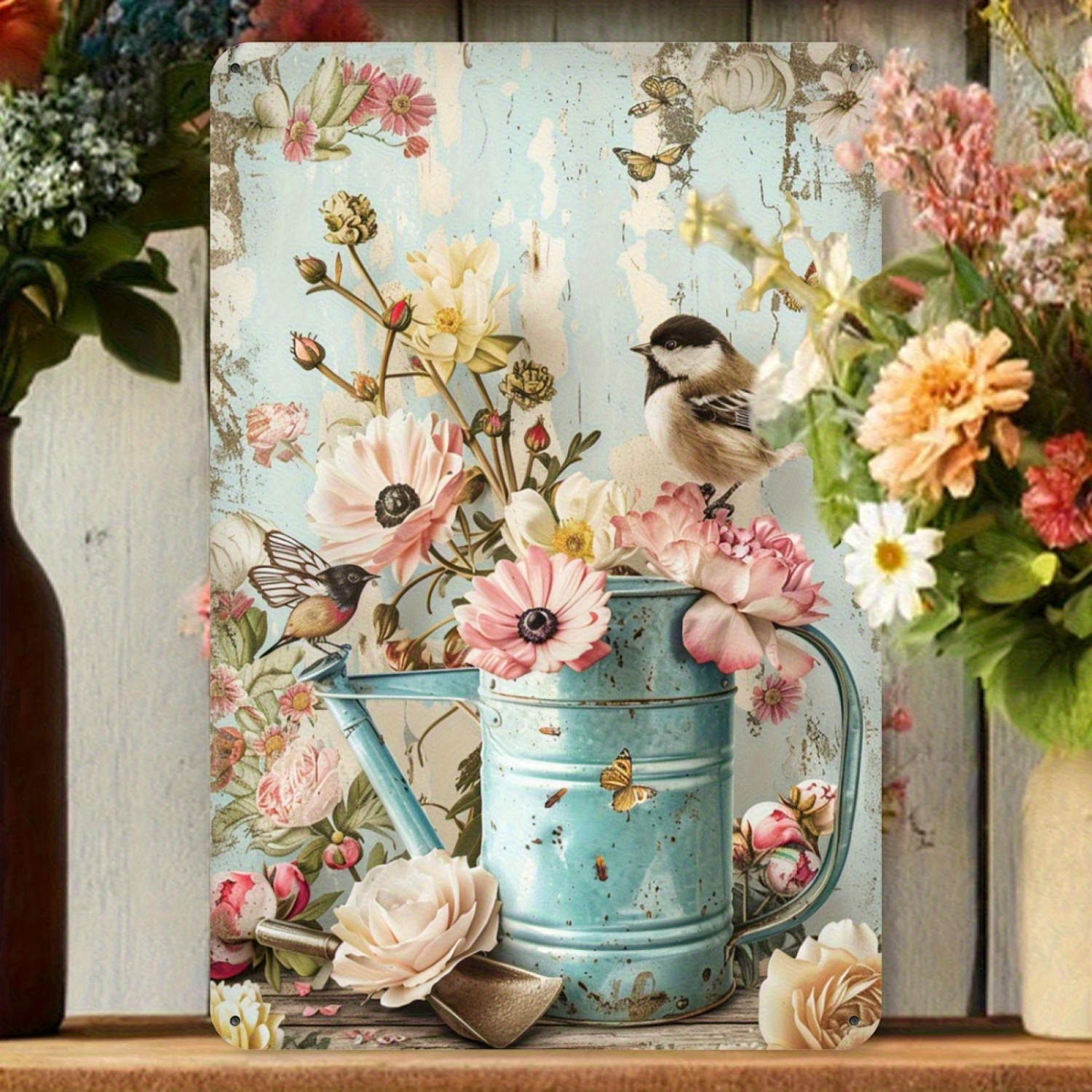 TEMU 2d Flat, 1pc Vintage Floral & Bird Metal Tin Sign - Rustic Farmhouse Wall Decor With Teal Watering Can Floral Pattern, Soft Pastel Colors -