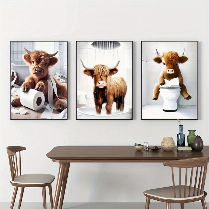 3pcs funny farmhumor highland cow canvas art set whimsical scottish cattle bathroom prints farm animal wall decor for living room bedroom cafe perfect gift for   unframed 12x16in