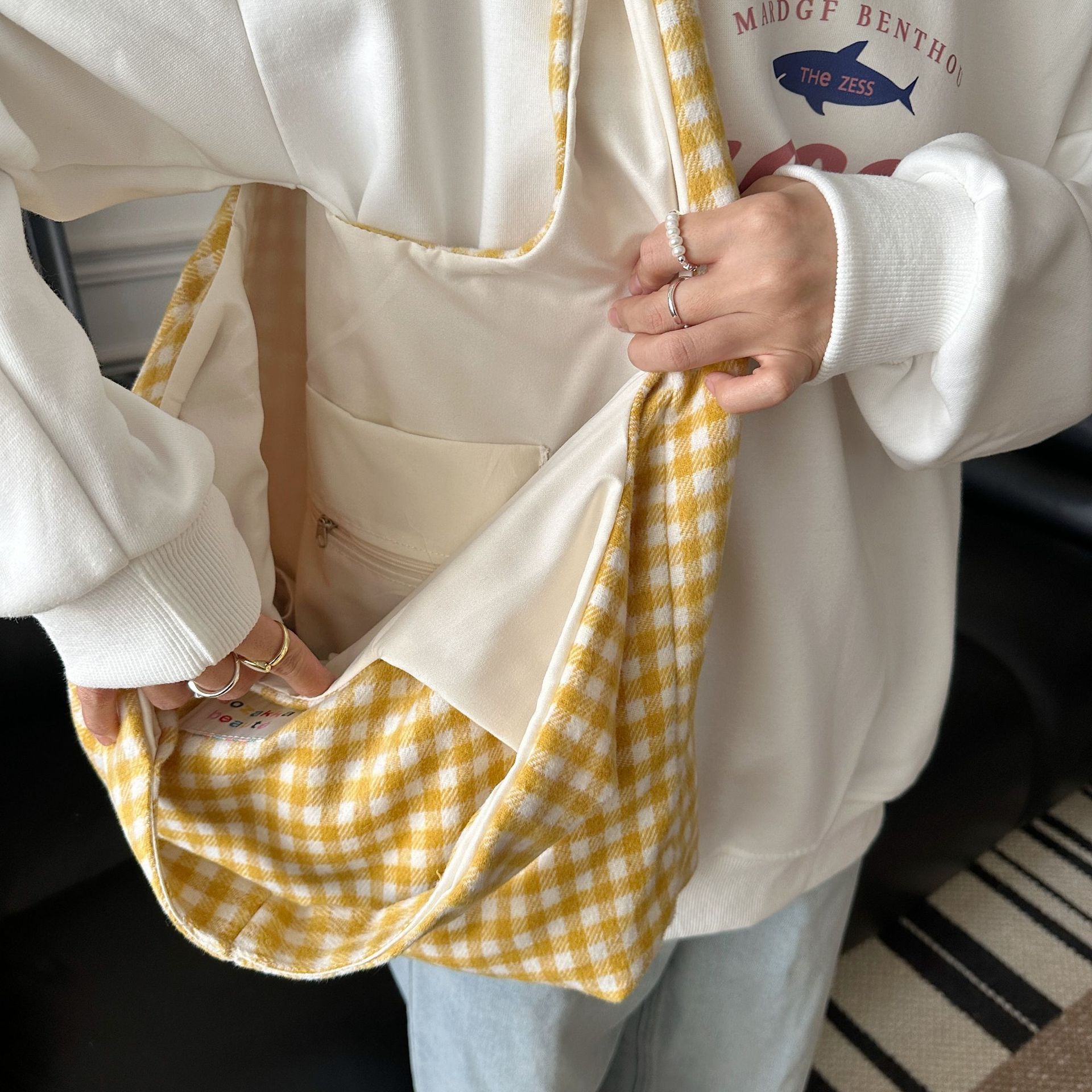 Pink Gingham Hobo Tote Bag Large Capacity Casual Shoulder Purse_voghion.com
