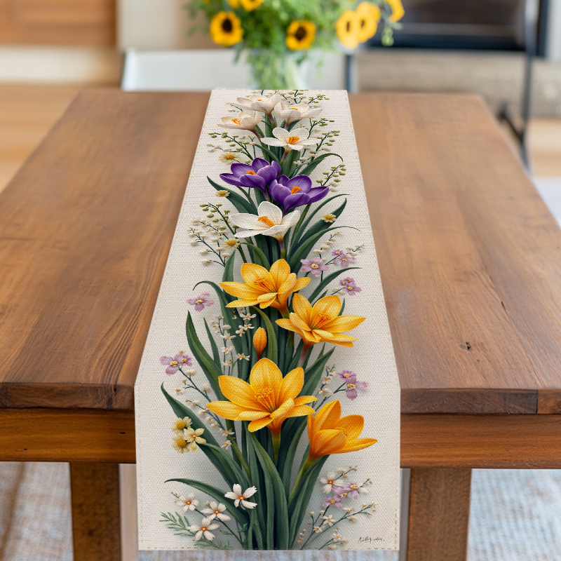 E-shop 1 Stück Frühlingsblumen Tisch- & Tischdecke geeignet für Esstisch, Couchtisch - Weiße Krokusblüten Frühlingsblumen Deko, Stoff Tischzubehör,