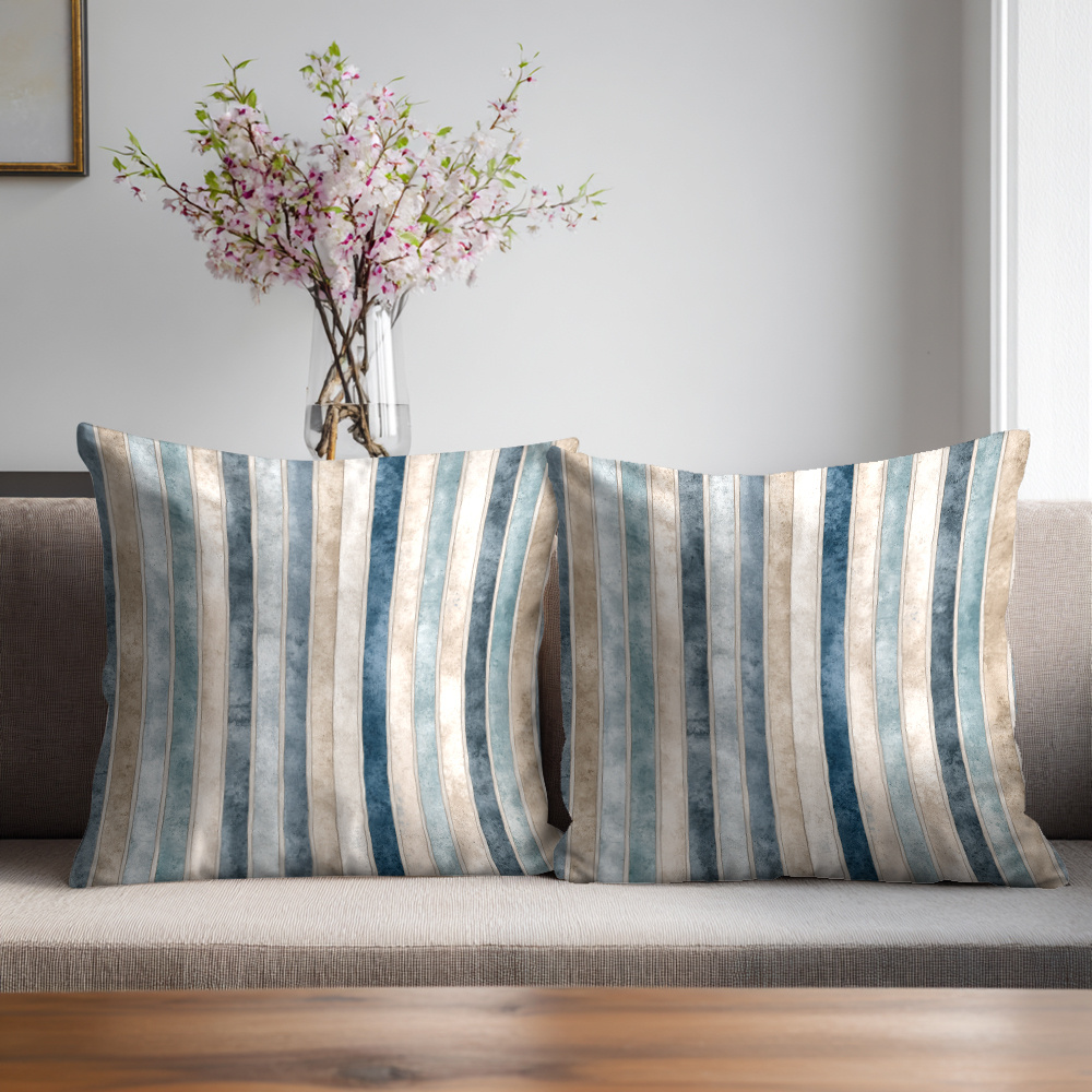 TEMU 2 Fundas de Cojín Reversibles a Rayas Azul Beige - Cubiertas Cuadradas Aterciopeladas con Cremallera Oculta, Decoración para Sofá o Cama en Tono