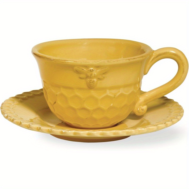   stoneware teacup and saucer set 8ounces honeycomb - elegant yellow glass cup with  ,   travel, hand wash only, ideal for tea and coffee, travel drinkware | floral pattern cup | durable glassware, tea cup set Product details 3