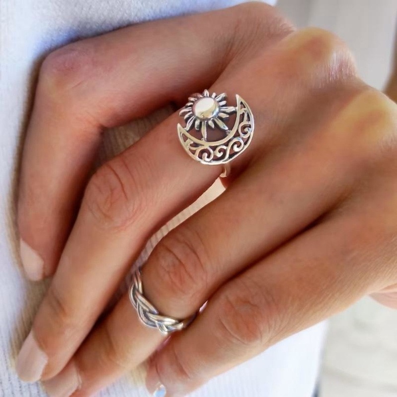 Retro Bohemia Engraved Sun and Moon Rings for Women