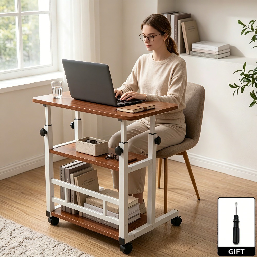 Height Adjustable Computer Desk with Storage Shelf and Wheels, Mobile Rolling Desk for Home Office, Small Space Study Workstation Desk