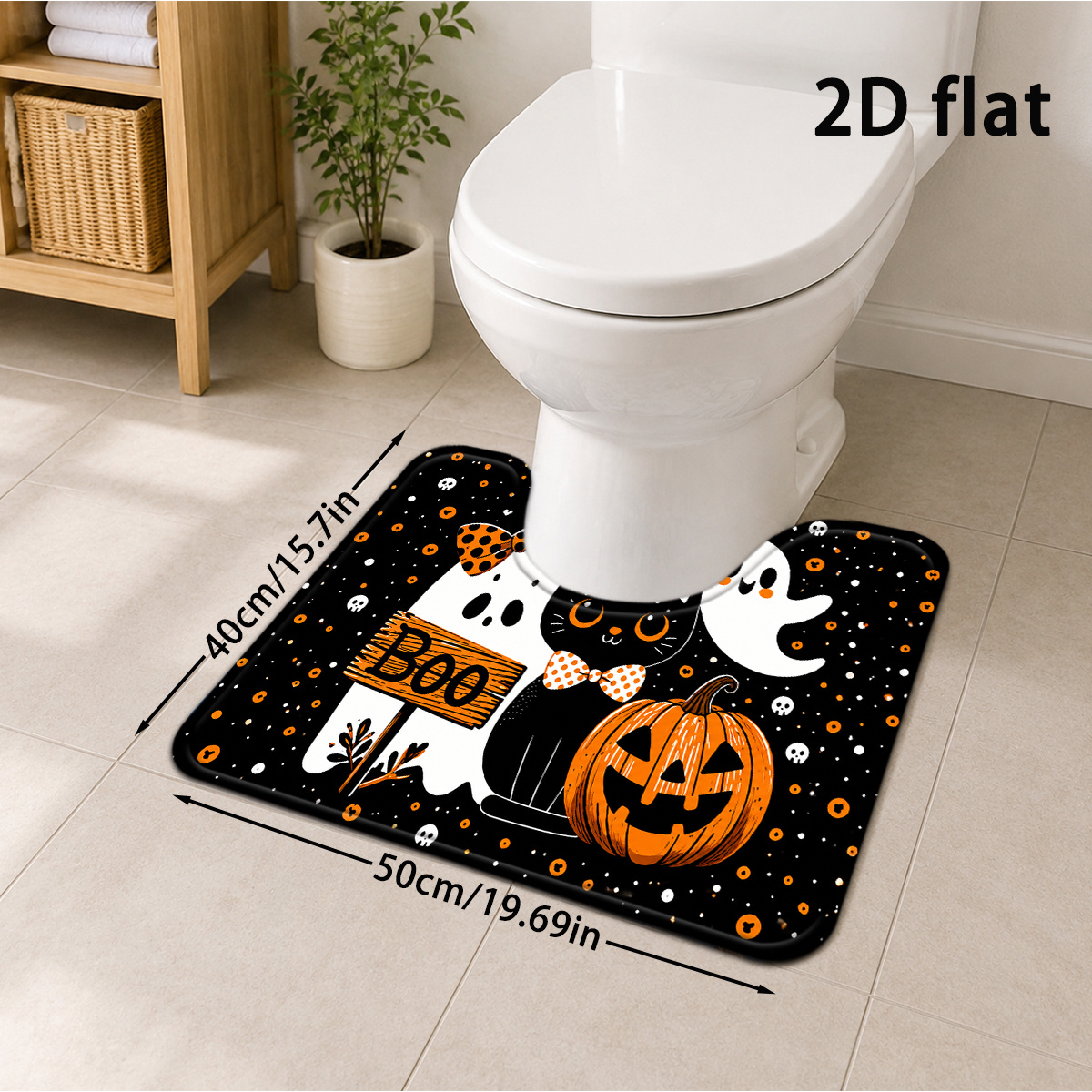 TEMU 2d Flat, 2d Flat 1pc Pumpkin Black Cat Bat Polka Dot Bowknot Bathroom Mat, Gothic Cartoon Halloween Floor Mat, U-shaped Toilet Mat, Soft
