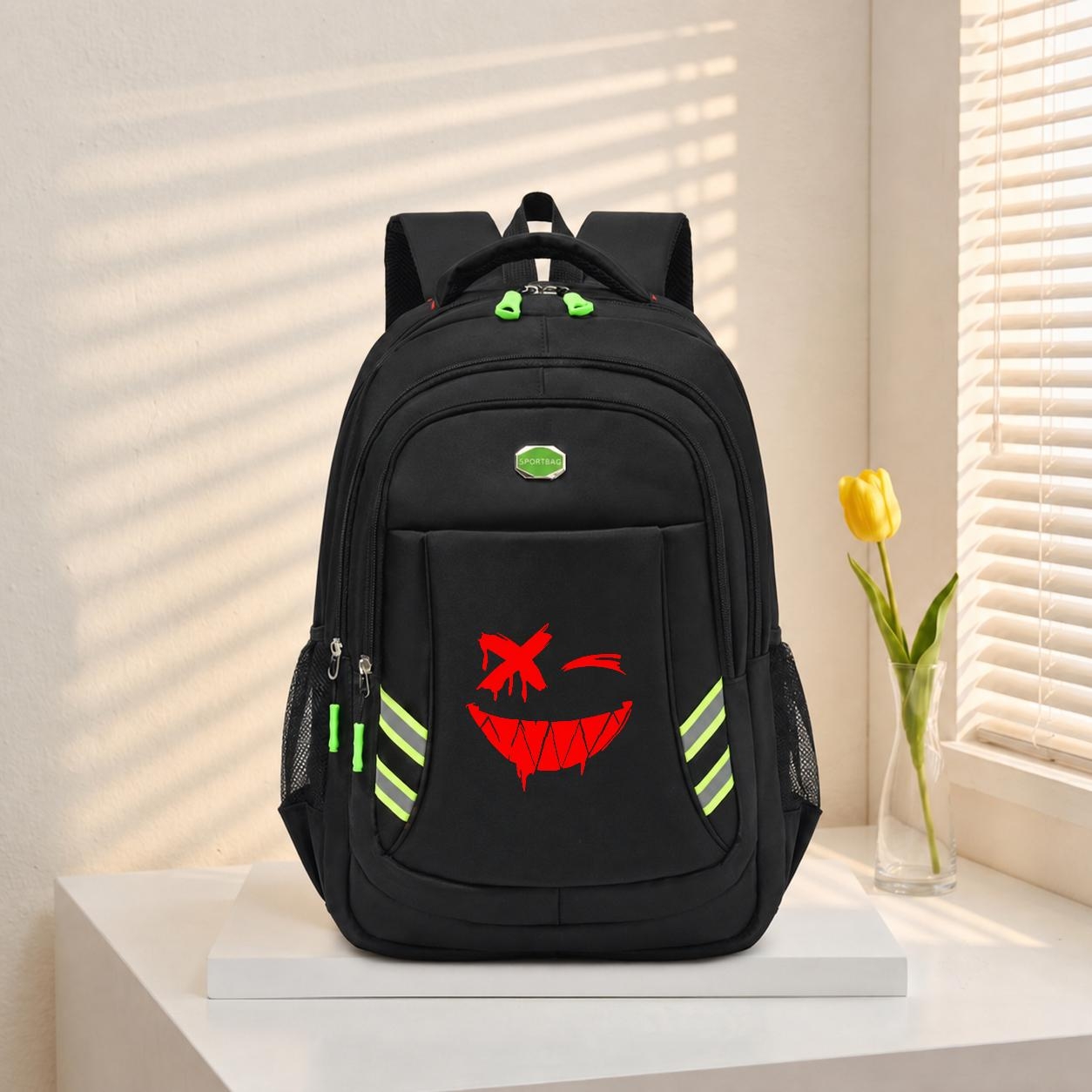 TEMU Face Graffiti Backpack With Reflective Strips For Anti-theft Design, Unisex Travel Bag With Feel, Stylish Contrast For , Commuting, And Casual