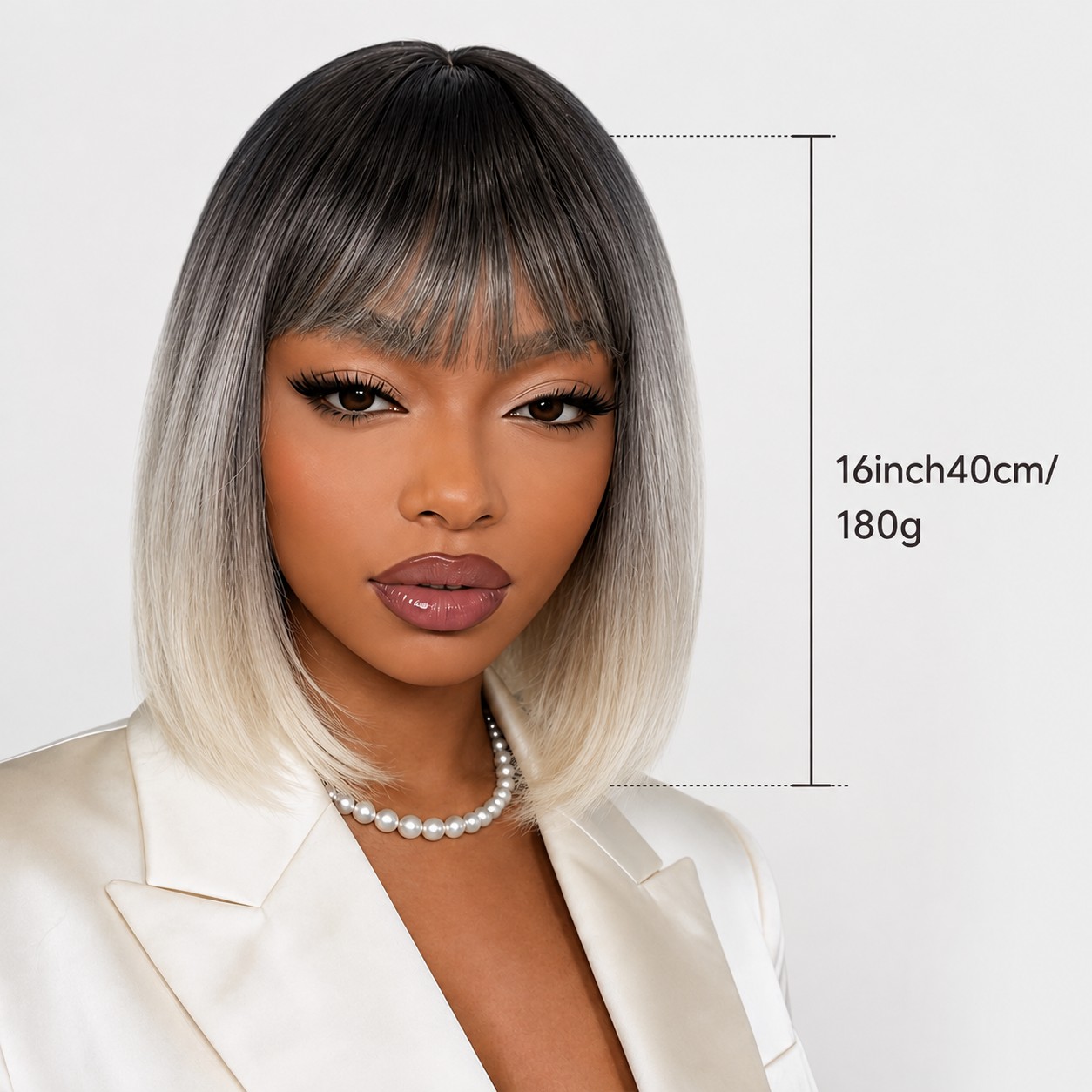 TEMU Black Gray Ombre Bob Wig With Straight Bangs, Breathable Adjustable Wig , 16 Inch 40cm Smooth Gradient Medium Short Hair, Lightweight 180g Heat
