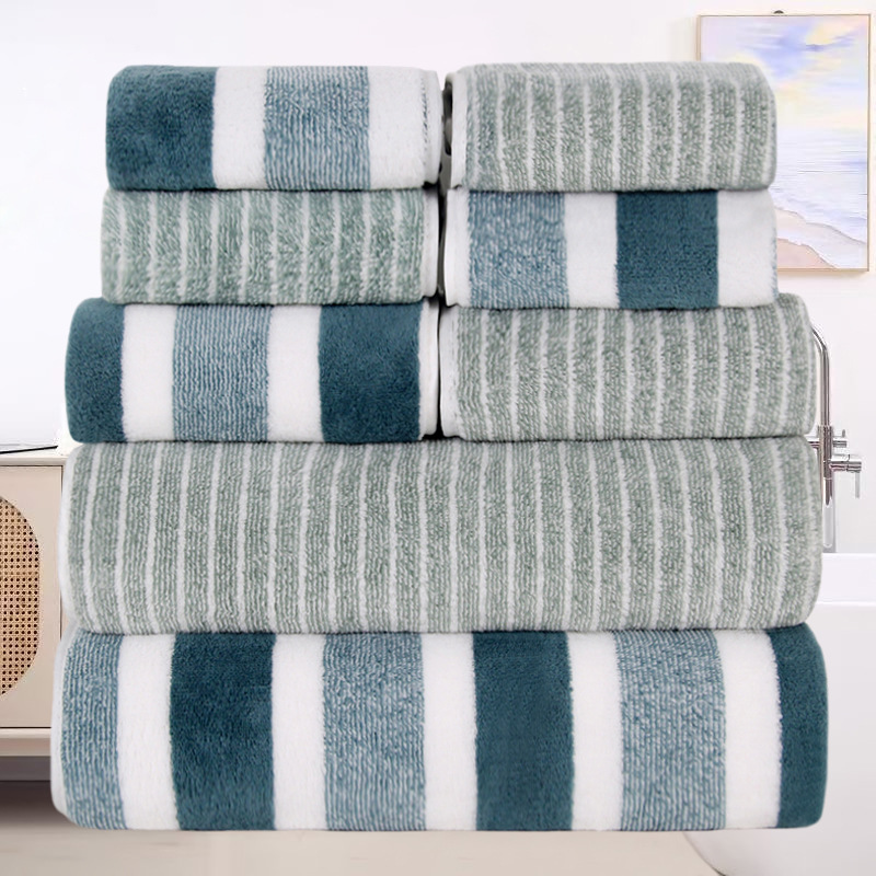 TEMU 8-teiliges Korallenfleece-Set: Handtücher, , Badetücher, schnelltrocknende gestreifte Gesichtstücher für Erwachsene für Badezimmer