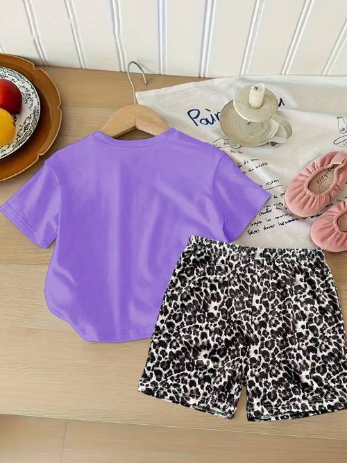 2pcs girls summer outfit versatile sporty style colorful hello sea turtle print breathable and comfortable short sleeve top leopard print shorts set fashionable short sleeve leopard print shorts set girls summer outfit outdoor